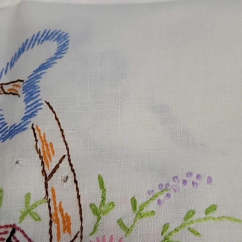 Vintage Embroidered Floral Basket & Blue Trim 15